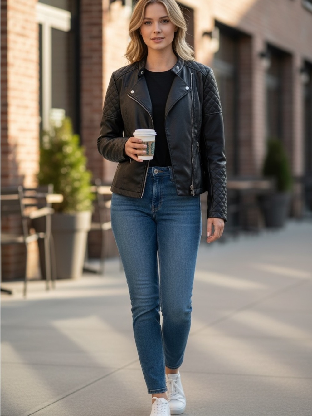 New York & Company Black Quilted Faux Leather Moto Jacket